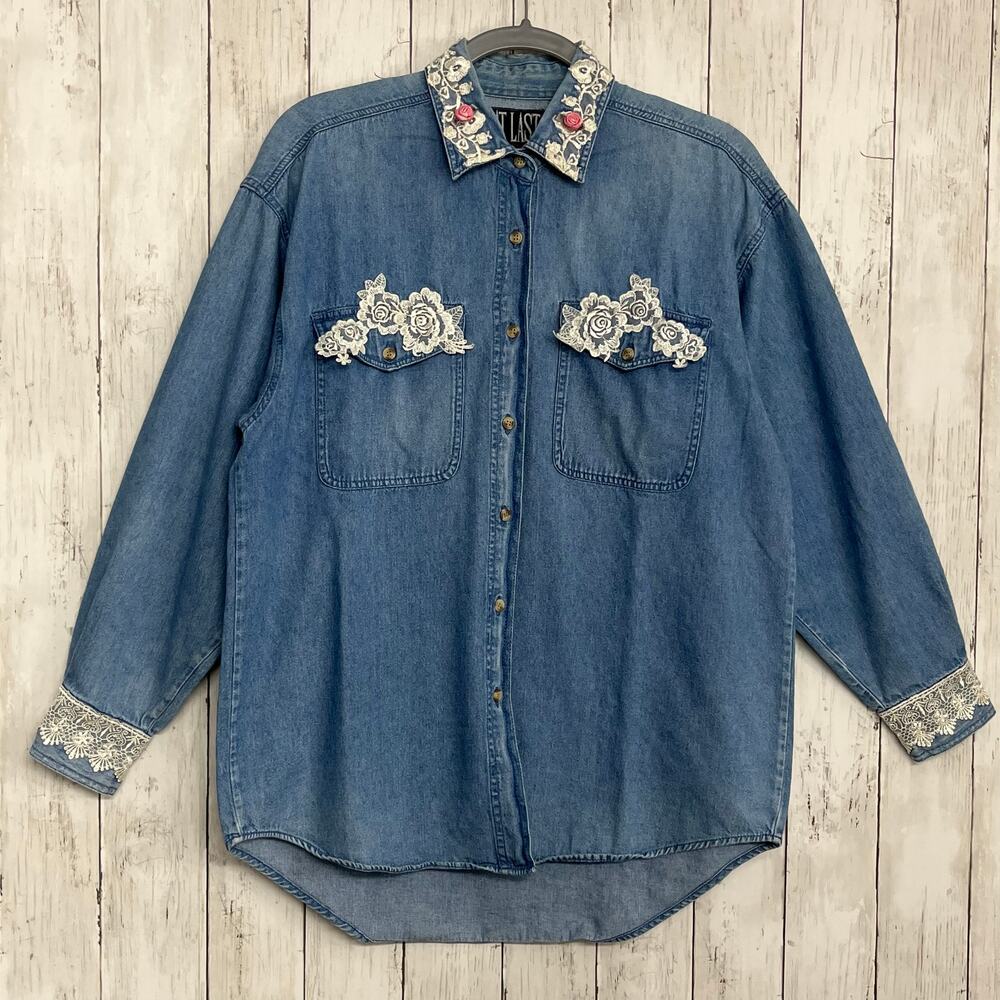 Vintage At Last Floral Rose Lace Long Sleeve Button Down Cotton Denim Shirt